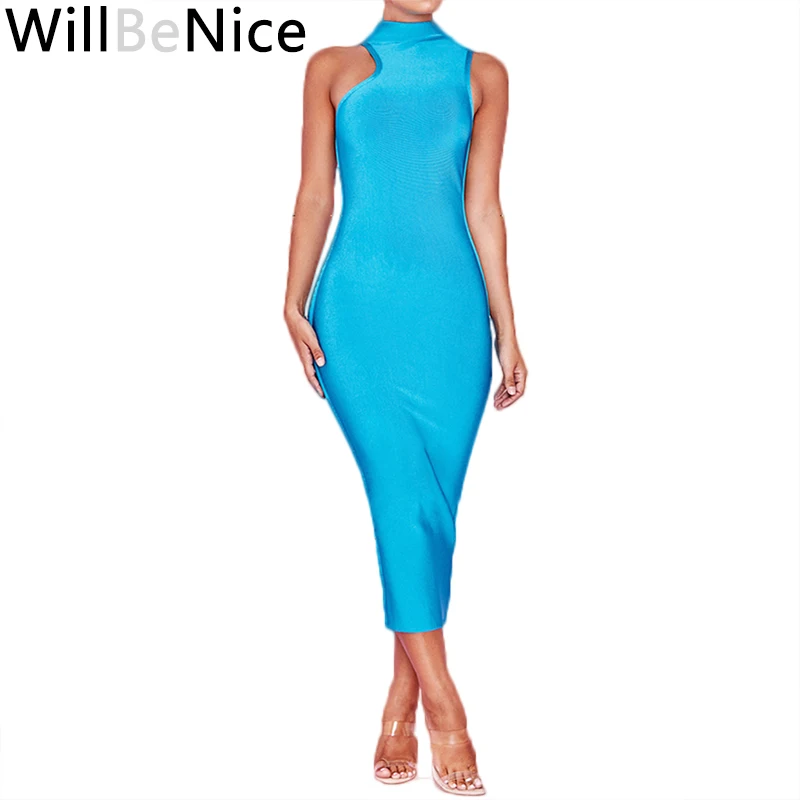 

WillBeNice Blue 2018 New Women's High Neck Sleeveless Midi Casual Bandage Party Dress