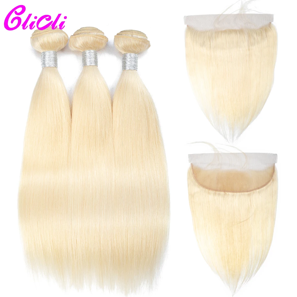 

613 Blonde Bundles With Frontal Straight Human Hair Brazilian Ombre Hair With 13*4 Lace Frontal And 3 Bundles Remy CLICLI Hair