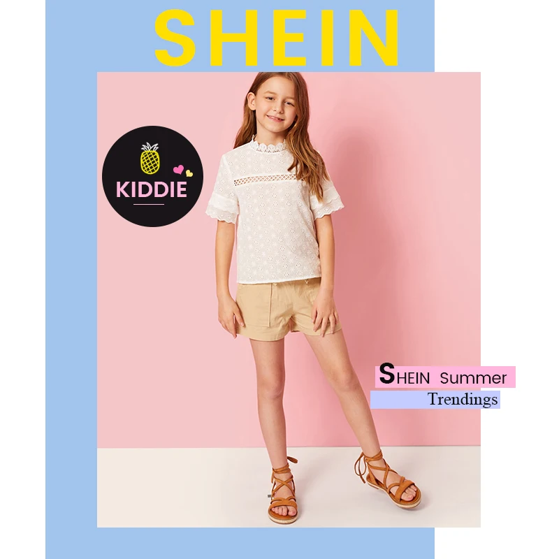 SHEIN Kiddie Ginger/однотонная кружевная блузка с рюшами и проймой для подростков г., летняя детская блузка с рукавами-бабочками на пуговицах, рубашка