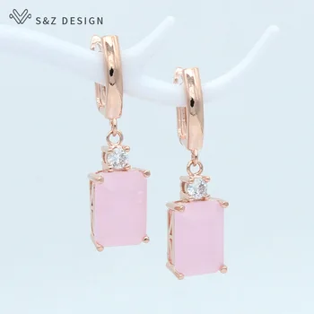 

S&Z New Fashion 585 Rose Gold White Gold Pink Square Dangle Earrings Temperament Simple Pendant Eardrop For Women Party Jewelry