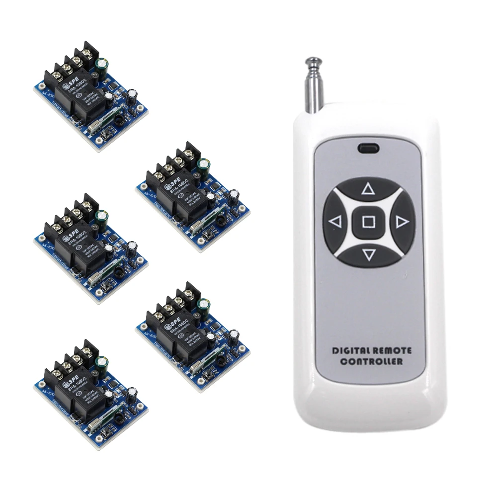 

DC 12V 24V 36V 48V 30A 1CH RF Wireless Relay Remote Control Switch Transmitter with 5Buttons + 5 Receivers Module 315/433 MHz