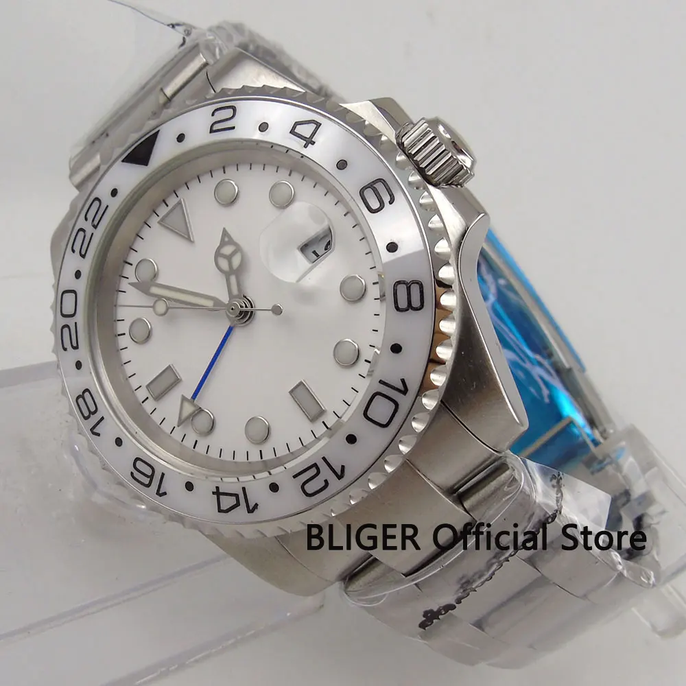 

Sapphire Crystal BLIGER 40MM White Sterile Dial GMT Mechanical Watch Luminous Marks Automatic Movement Men's Watch B184