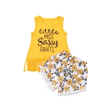 Pudcoco/ г., летние милые топы принцессы без рукавов с желтыми кисточками для маленьких девочек, футболка+ шорты с цветочным принтом, комплект одежды