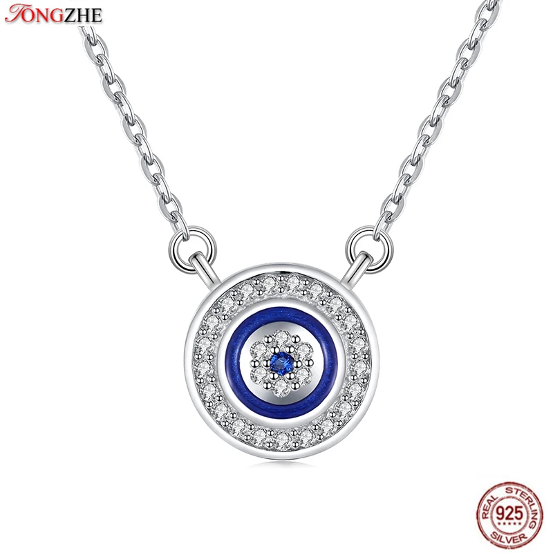 

TONGZHE 2018 Long Women Necklace 925 Sterling Silver Jewelry Blue Stone CZ Evil Eye Pendants Necklaces For Women Cross Chain