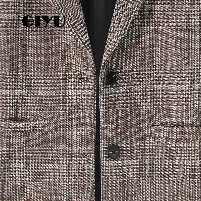 GIYU Spring Autumn Women Plaid Printing Blazer Long Sleeve Jackets Pockets Sexy Tops Casual Single Breasted camiseta mujer