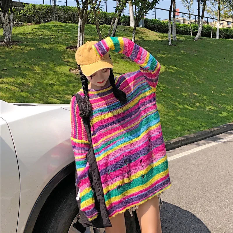 2018 Autumn ulzzang thin section New striped rainbow loose knit top Korean pop Harajuku casual pullover Hole women sweater 2018 Autumn ulzzang thin section New striped rainbow loose knit top Korean pop Harajuku casual pullover Hole women sweater