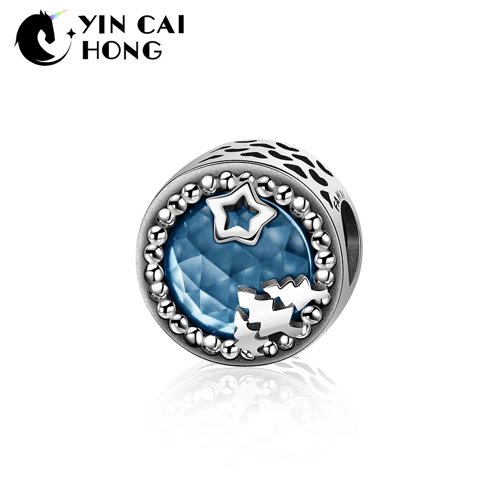 

YCH 100% 925 Sterling Silver Concise Mysterious Stars Trees Dark Blue Radiant Hearts Zirconia Charm Beaded Original Jewelry