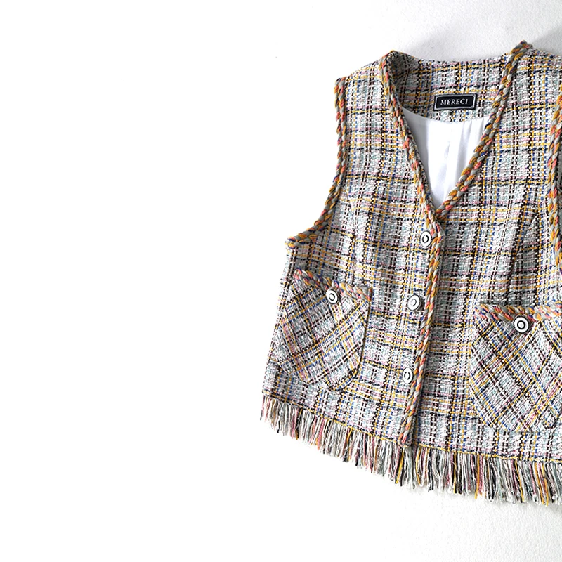 

High Quality 2018 Women Fashion V-neck Tassel Single Breasted Tweed Vests Spring Autumn Sleeveless Pockets Short Vest JC2424
