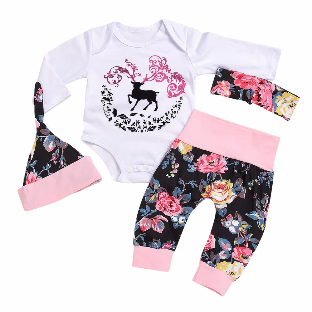 

Baby Long Sleeve Leggings Pants Headband Hat Outfits Party Clothes Set Christmas Deer 4PCS Newborn Boy Girl Baby Bodysuit 0-24M