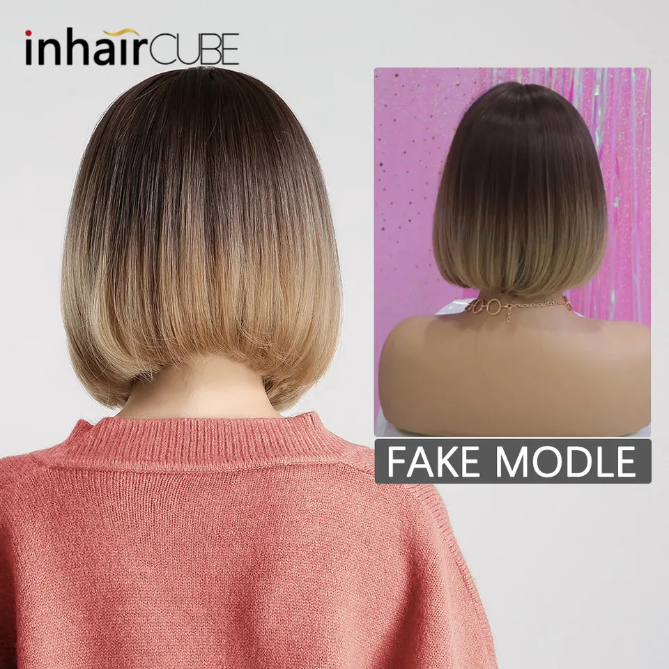 Inhair Cube Synthetic Flat Bangs Women Wig Ombre With Highlight