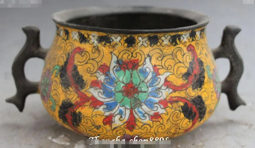 

Antique Chinese Cloisonne Enamel Bronze Flower With Handle Incense Burner Censer