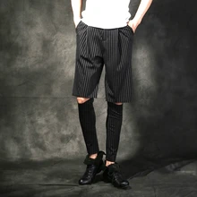 Новинка Мужская одежда модные волосы стилист колено отверстие полосатые шаровары Повседневные брюки певица плюс размер костюмы