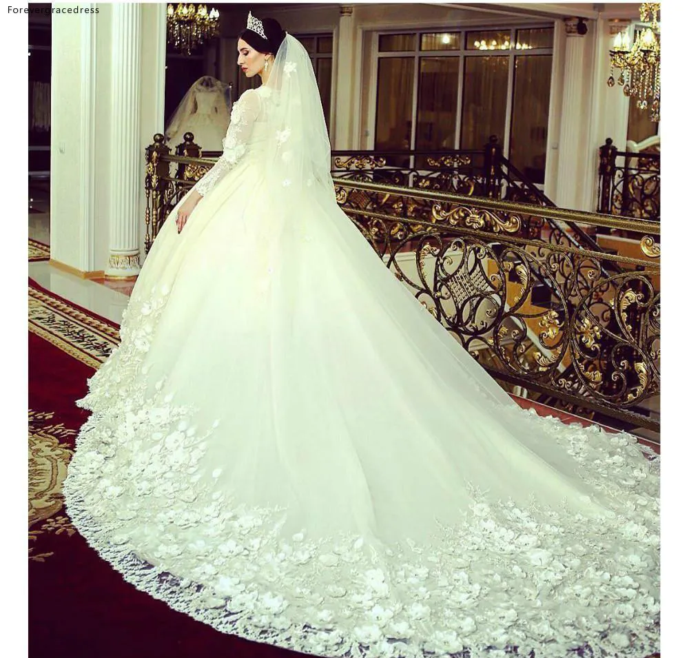 New Arabic Dubai Ball Gown Wedding Dresses Luxury Lace Applique Handmade 3D floral Long Sleeve cathedral Wedding Gowns  250 (6)