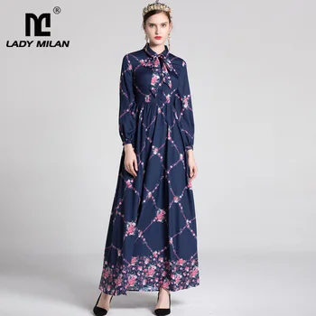 

2019 Spring Women's Turn Down Collar Bow Detailing Long Sleeves Floral Printed Ruched Elegant Maxi Designer Casual Runway Dresse