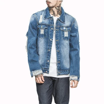 

Mens Hole Denim Jacket Punk Hip Hop Vintage Wash Water Oversize Ripped Streetwear Blue Mens Jeans Jackets and Coats Size M-5XL