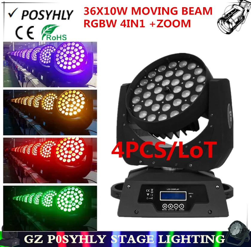 

4PCS/ led 36X10W zoom moving beam lights rgbw 4in1 led moving wash lights, stage professional dj equipment