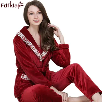 

Fdfklak High Quality Women Clothes 2020 Winter Flannel 3 Pieces Pyjama Femme Family Set Pajamas Pijamas Mujer Sleepwear SetsQ404