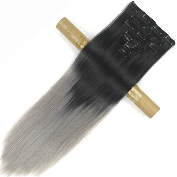 Soowee 24inch 7pcs/set 16Clips Full Head Straight Synthetic Hairpieces Heat Resistant Black to Grey Ombre Clip in Hair Extension 2