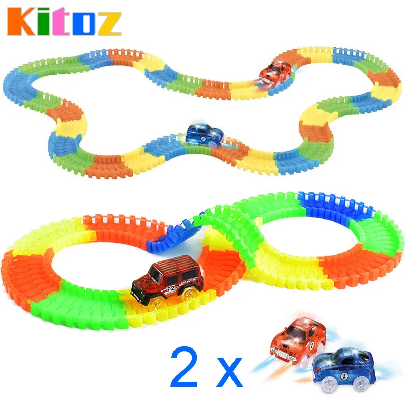 

Kitoz 220pcs Racing Car Track Slot Toy Glow In Dark Colorful Buildable Assembly Racetrack Court with Led Car Bend Flex Twist