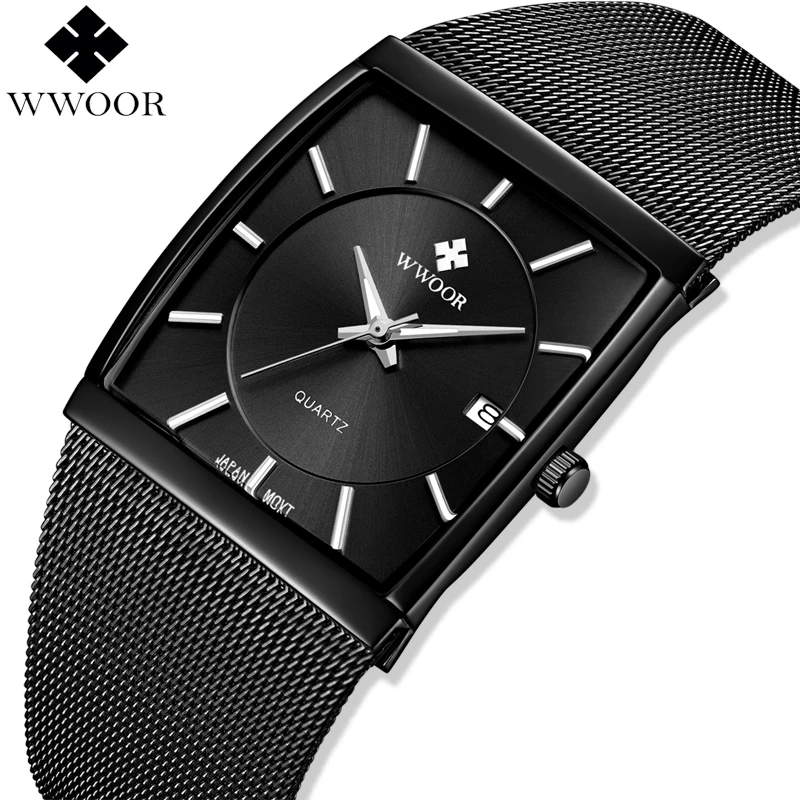 WWOOR Top Brand Luxury Mens Square Quartz Watches Male Waterproof Date