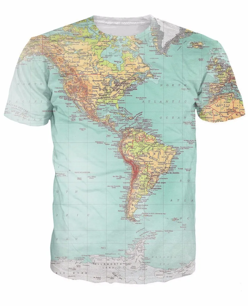 

World Map T-Shirt Urban Threads Hipsters retro globe image of the Americas sexy 3d t shirt Short Sleeve Vibrant tees Women Men
