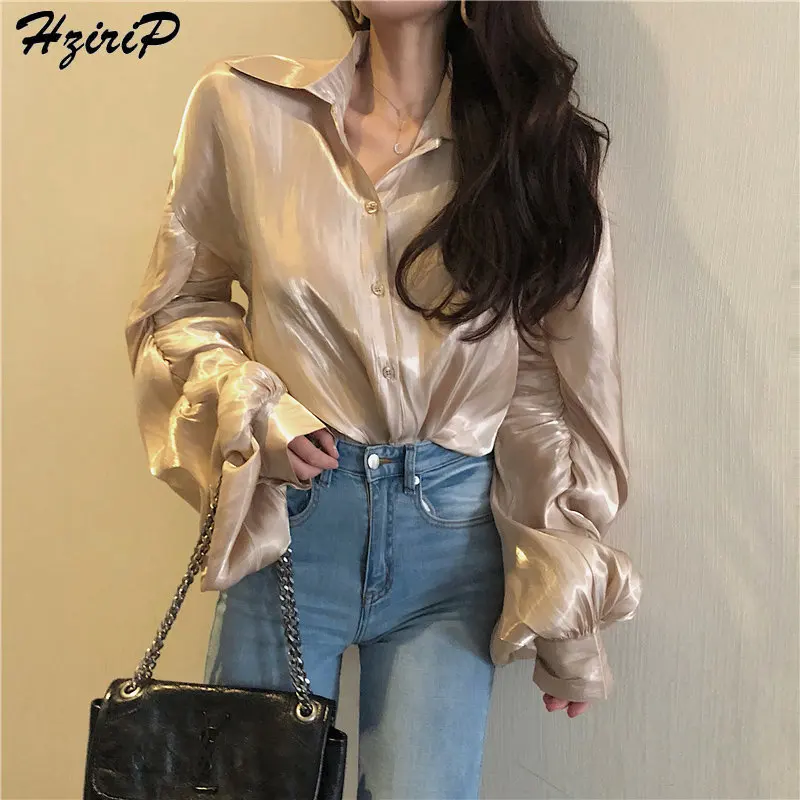 

Hzirip Spring Autumn Loose Simple Elegant Sweet Thin Fresh Lantern Sleeves Female Stylish All-Match Free Casual Champagne Shirt