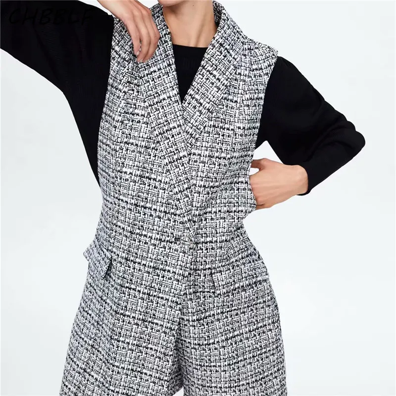 

CHBBLF women vintage plaid tweed playsuits buttons decorate sleeveless rompers female casual chic jumpsuits BGB9091