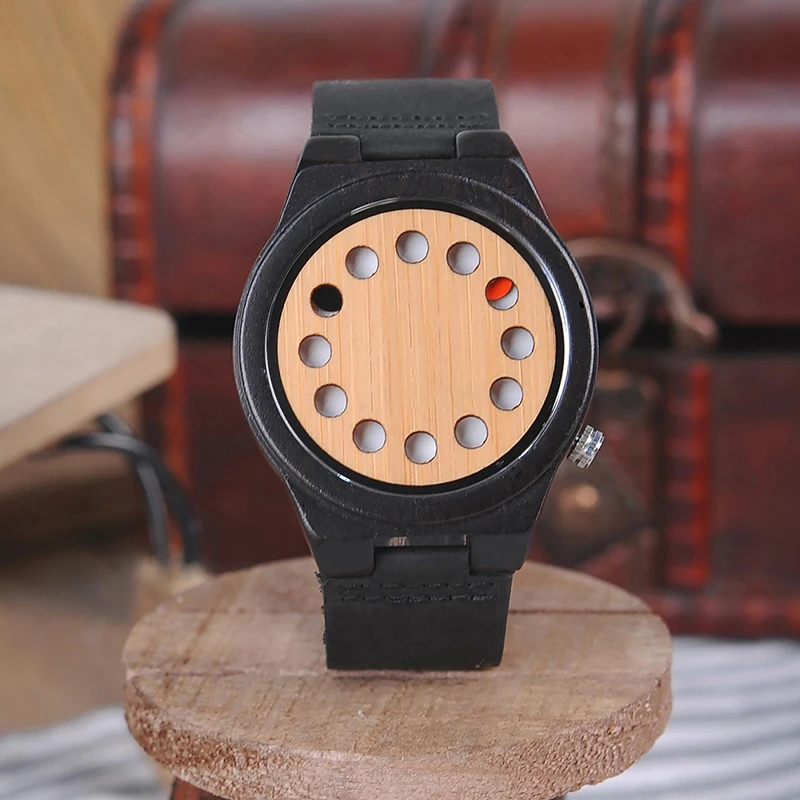 BOBO BIRD Bamboo Wooden Watches Men 12 Holes Design Quartz Analog Wrist Watch erkek kol saati with Leather Band as Gift