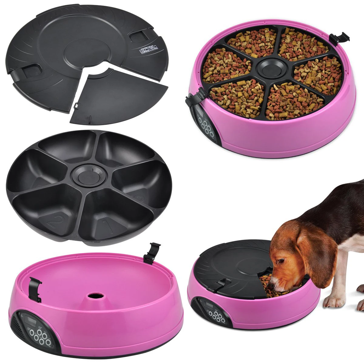 6 дней Автоматическая миска для кормления домашних животных 6 еды-кошка или собака голодень Авто диспенсер миска с диктофоном розовый