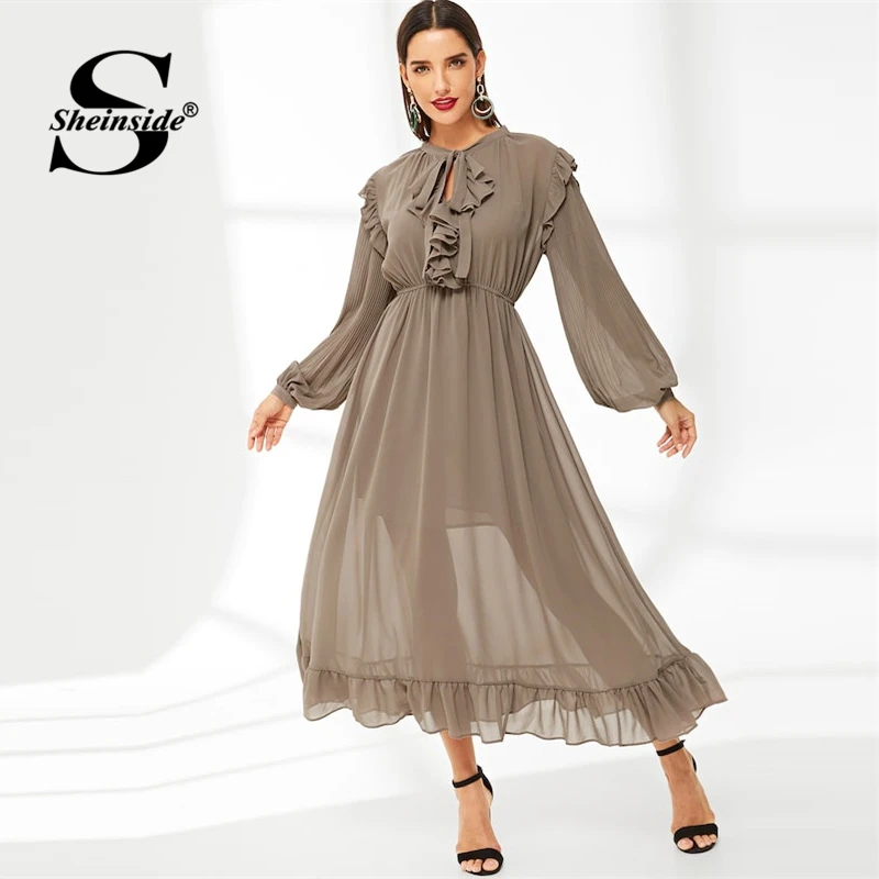 

Sheinside Khaki Puff Sleeve Tie Neck Maxi Dress Women High Waist Elastic Dresses Spring Casual A Line Ruffle Hem Solid Dress