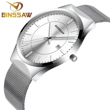 BINSSAW Marca de lujo de Los Hombres relojes vestido reloj de cuarzo de los hombres reloj de cuarzo de la correa de malla de acero Ultra-delgado ultra reloj relogio masculino