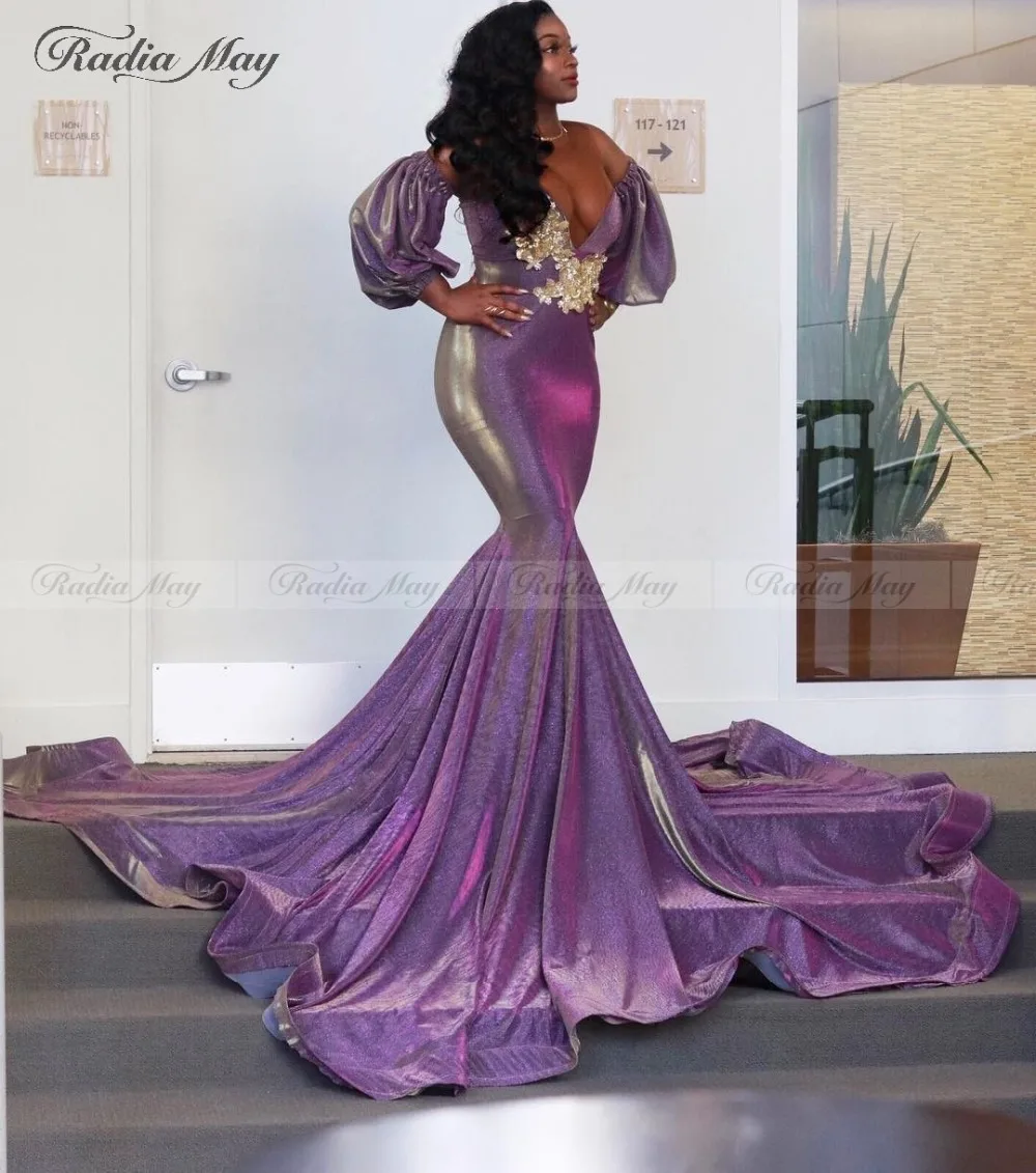 Блестящие Длинные Плюс Размеры фиолетовое платье на выпускной с рукавами Сексуальная с плеча Африканский Выпускные платья платье Часовня Поезд