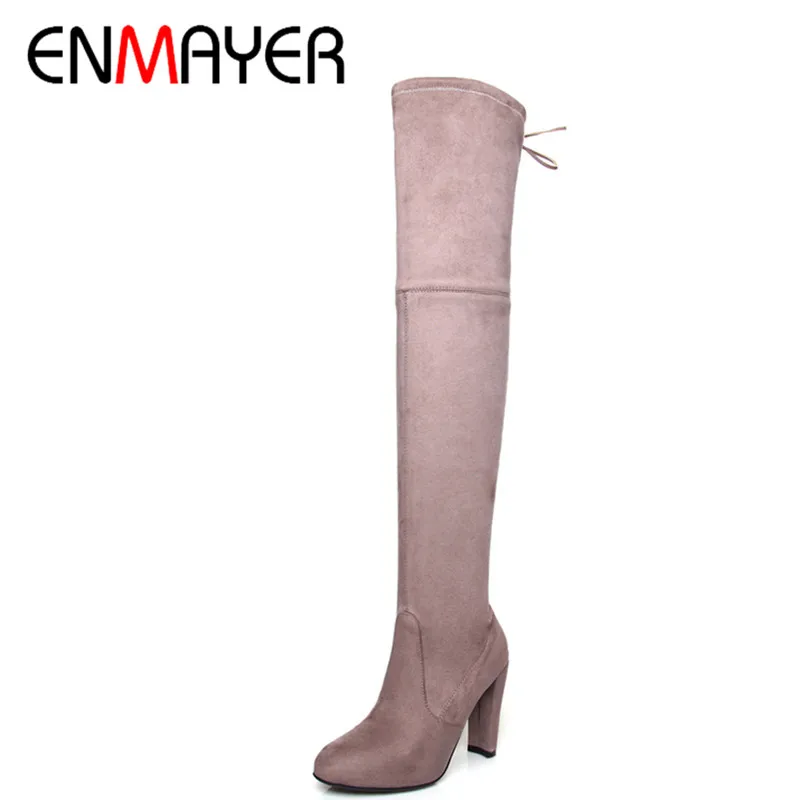 

ENMAYER New Fashion High Heels Long Boots Shoes Woman Over-the-knee Lace-up Round Toe 3 Colors Black Shoes Platform Shoes
