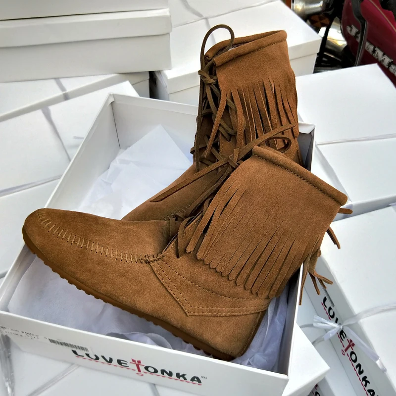 

2018 Autumn Winter Shoes Woman Fringe Ankle Boots Cozy Round Toe Suede Boots Design Woman Lace Up Casual Flat Western Boots Tide