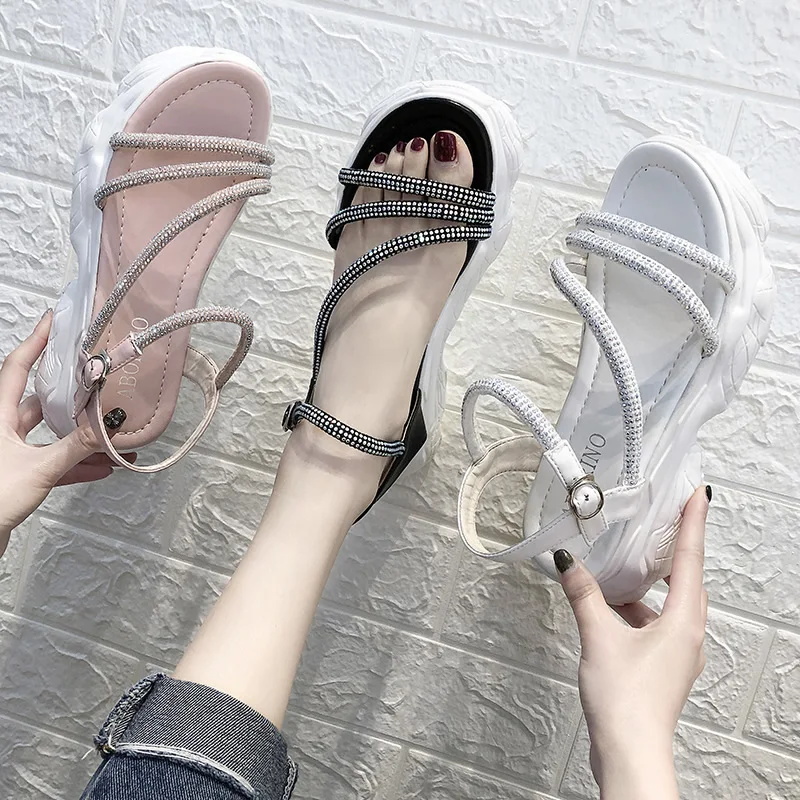 

Solid High new arrival ins shoes Ankle Strap Casual wedge sandals belt fastener heels soulier femme creeper zomer schoenen
