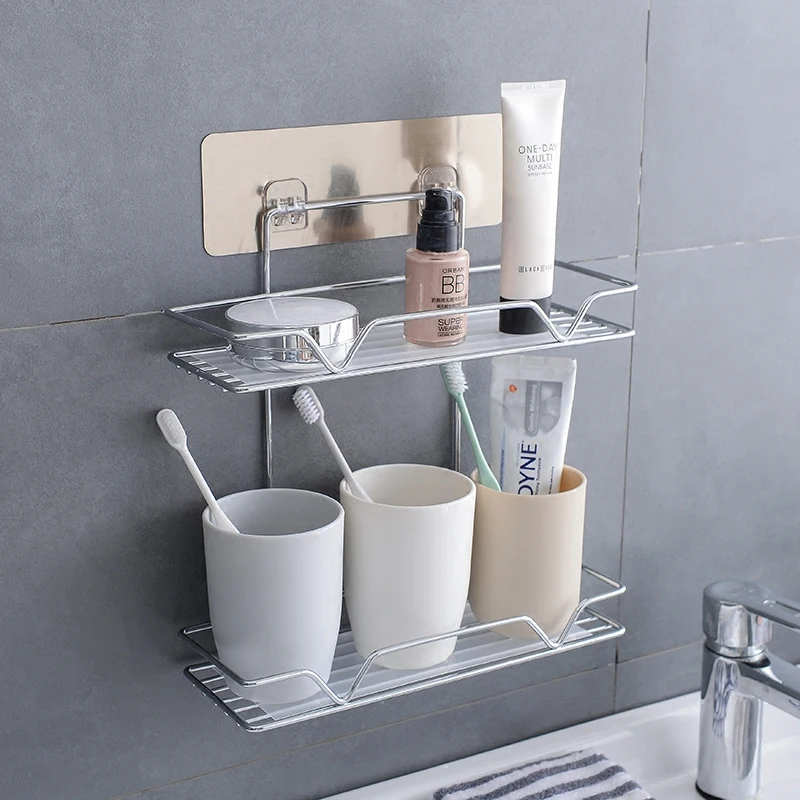 

Stainless Steel Bathroom Shelf Traceless Adhesive Tape Storage Holder Rack Organizer Basket Bathroom Accessories Free Drill
