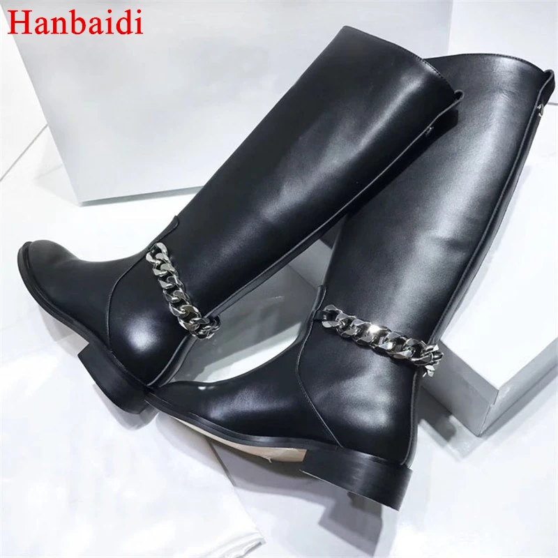 

Hanbaidi Black Real Leather Knee High Boots Women Round Toe Back Chain Knight Boots Woman Flats Fashion long Boots Shose Women