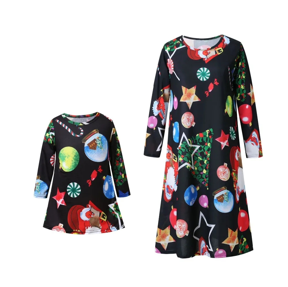

2018 New Family Matching Dress Mother Daughter Autumn Cute Dress Character Long Sleeve Ruffles Solid Knee-Length Dress Clothes