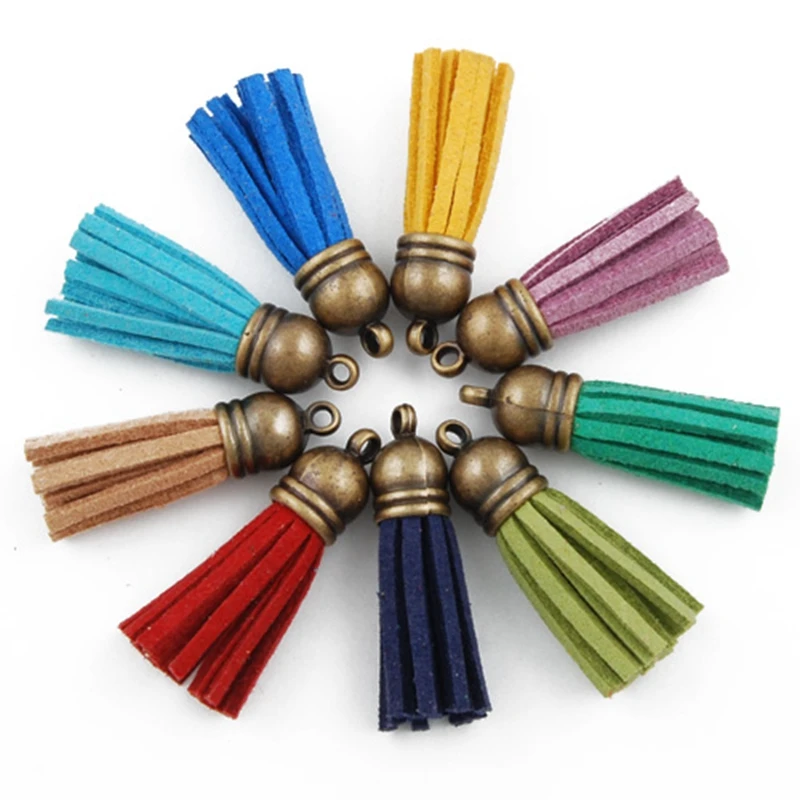 35mm Mix Color Leather Tassel For Keychain Cellphone Strap Jewelry Charm, 50pcs Leather Tassel With Metal Cap Accessories-D1299