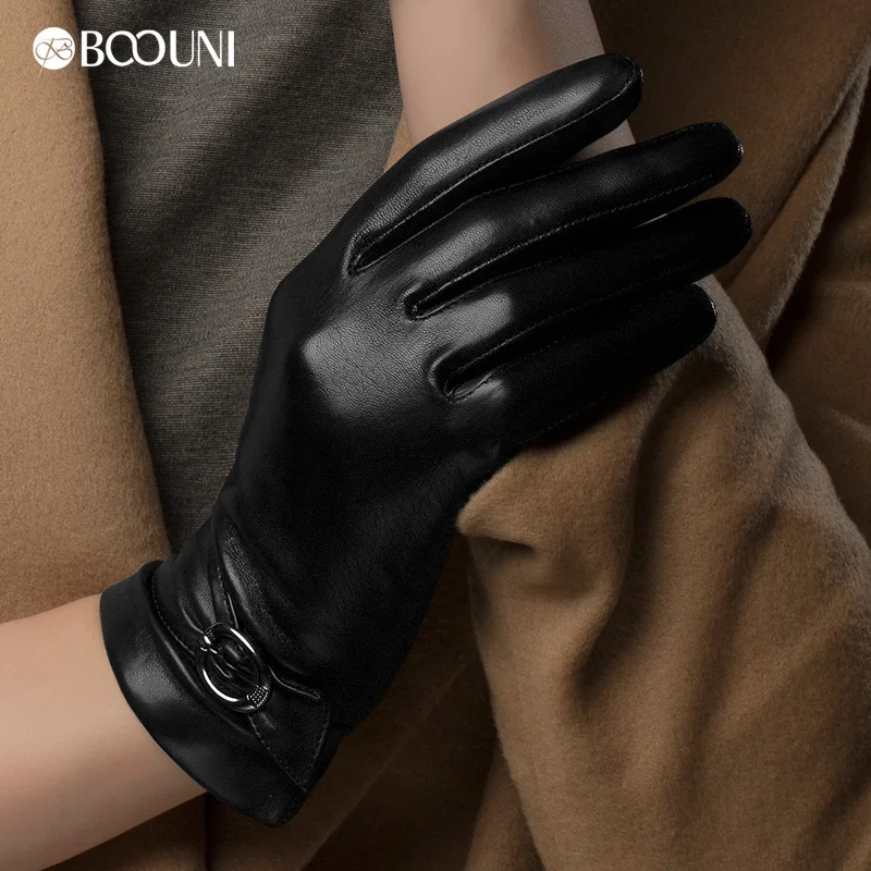 BOOUNI Genuine Leather Gloves Elegant Black Women Sheepskin Gloves Thermal Winter Velvet Lining Finger Driving Glove NW783