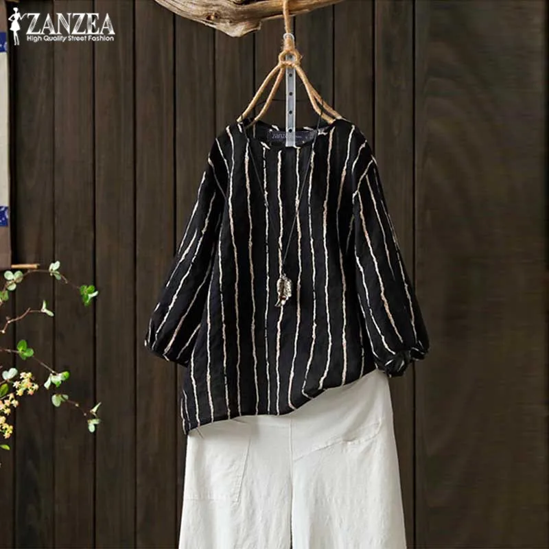 

2019 ZANZEA Elegant Work Chic Shirts Women Casual O Neck 3/4 Sleeve Blouse Summer Striped Loose Tunic Tops Female Blusas Mujer