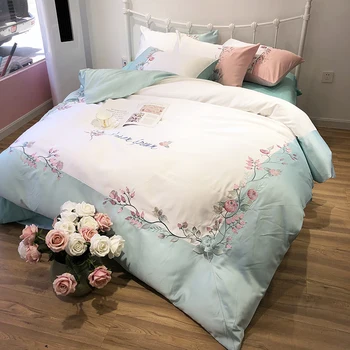 

Green White Pink Blue Purple luxury Pastoral Flower Embroidery Silk Cotton Bedding Set Duvet Cover Bed sheet/Linen Pillowcases