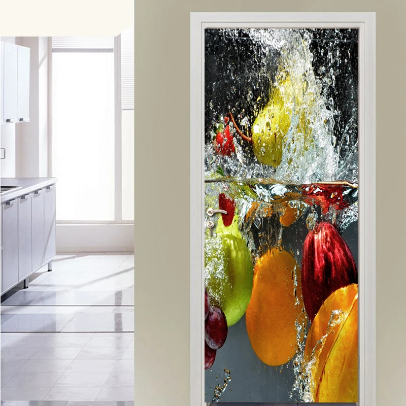 Fruit 3D Door Sticker Art Mural PVC Self-adhesive Waterproof Photo Wallpaper Modern Living Room Door Decoration 3D Wall Covering