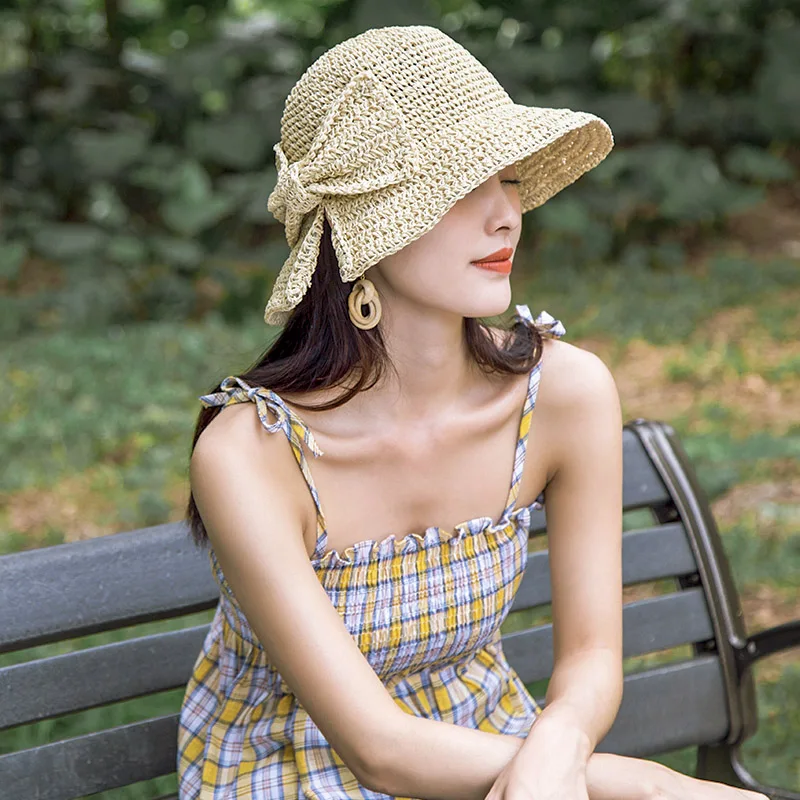 Модные летние женские кепки s Ретро Тканые лук Твердые складные солнцезащитная Кепка Ведро пляжные повседневные шляпы