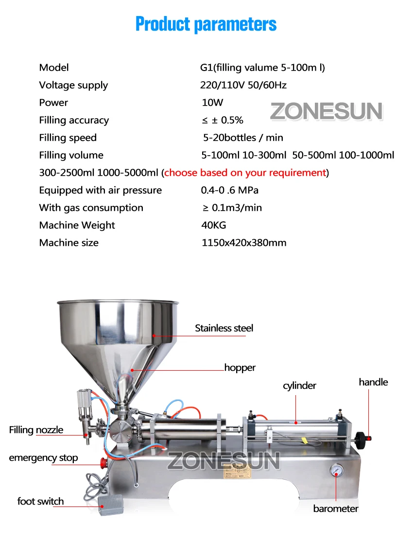 ZONESUN машина для наполнения жидкостей 10-300 мл пневматический объемный софтдрин пневматический жидкий наполнитель для масла, воды, сока, медового мыла