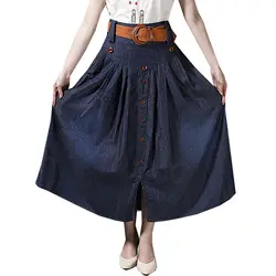 3XL 5XL 6XL свободная Женская юбка трапециевидной формы с длинным поясом на пуговицах темно-синие женские юбки женская спереди Сплит
