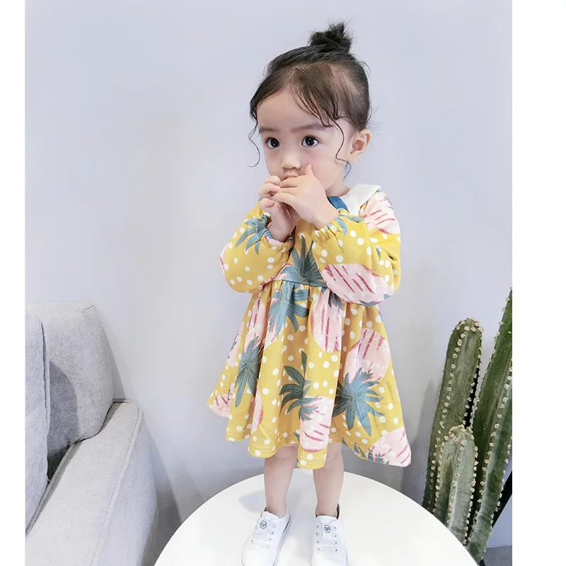 

2019 New Spring Item Girl Print Pineapple Dress Long Sleeve Dress