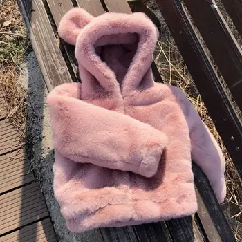 

2019 Furry Winter Kids Boy Girl Faux Rabbit Fur Coat Teen Boy Girl Warm Thick Jacket Children Hooded Fake Fur Outerwear Q822