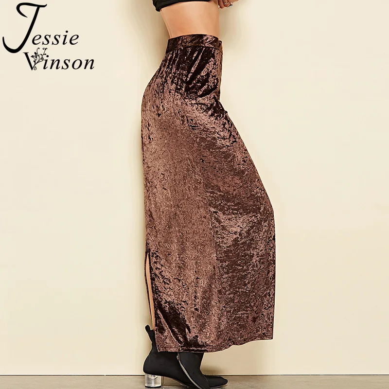 

Jessie Vinson Women High Waist Shiny Velvet Long Skirt Autumn Winter A-line Split Velour Long Skirts Female Solid Coffee Skirt