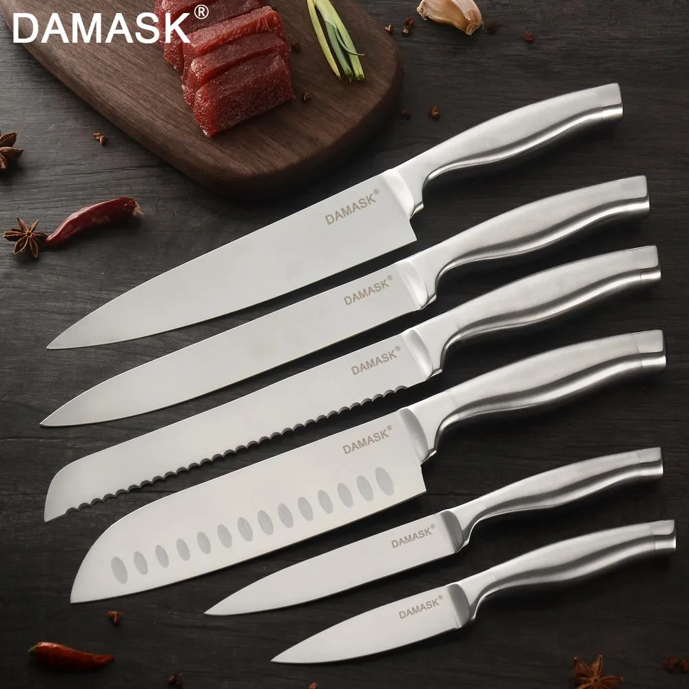 Дамасский японский набор ножей из нержавеющей стали, фруктовый нож Santoku для нарезки хлеба, нож шеф-повара, функциональные кухонные инструменты, 6 шт